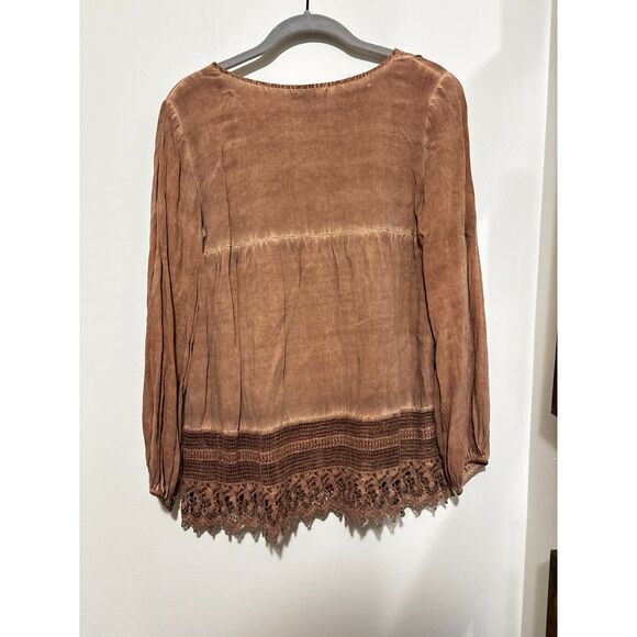 She + Sky Brown Boho Button Front Blouse Lace Hem Peasant Top Women’s Small - Picture 3 of 7